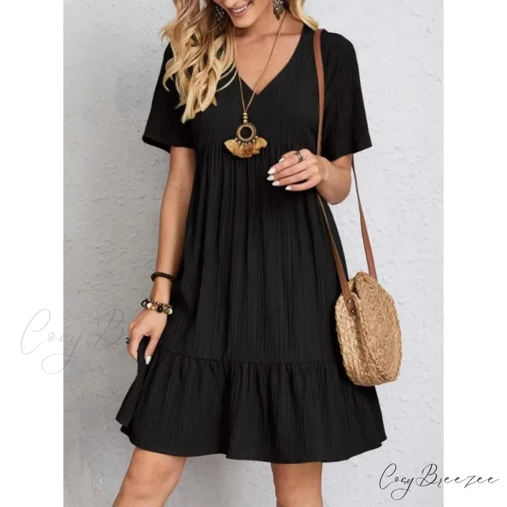 Solid V-Neck Short Sleeve Ruffles Boho Dress