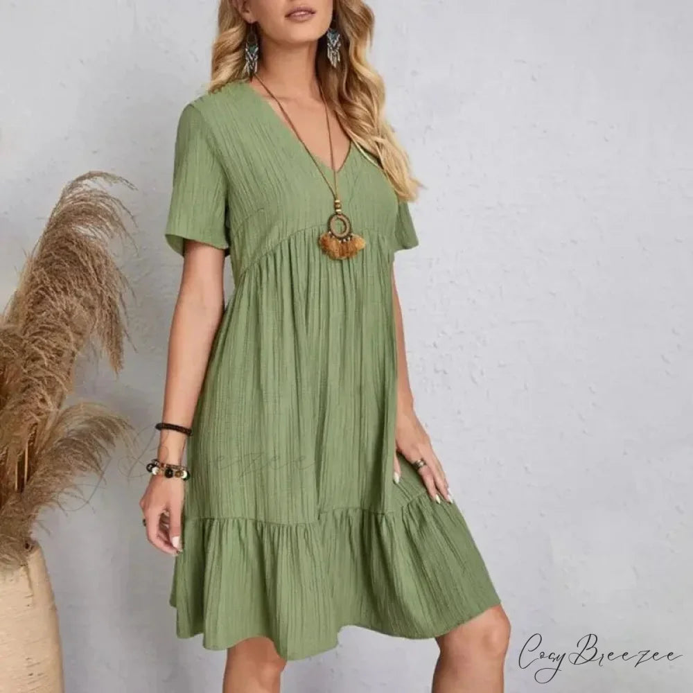 Solid V-Neck Short Sleeve Ruffles Boho Dress Green / S