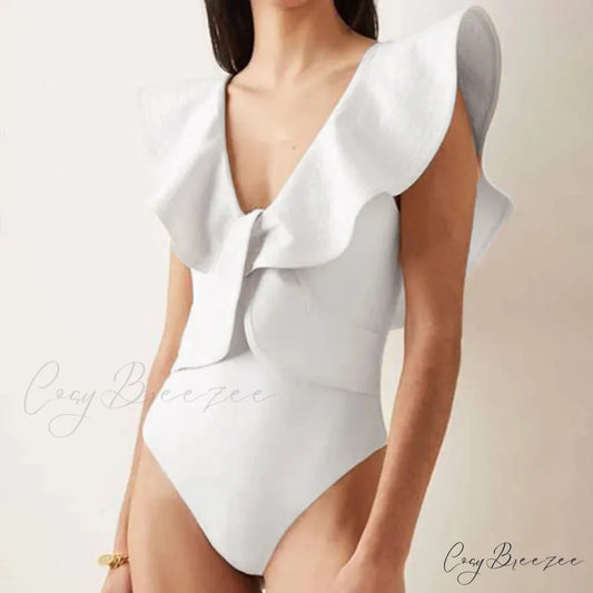 Solid V-Neck Slim Fit Swimsuit Ivory / S onepiece-250223
