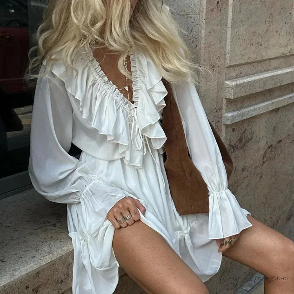 Solid White Cotton Rayon Long Sleeve Ruffle Dress bohodress-250126