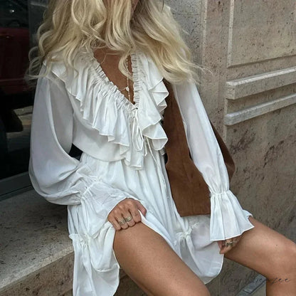 Solid White Cotton Rayon Long Sleeve Ruffle Dress bohodress-250126