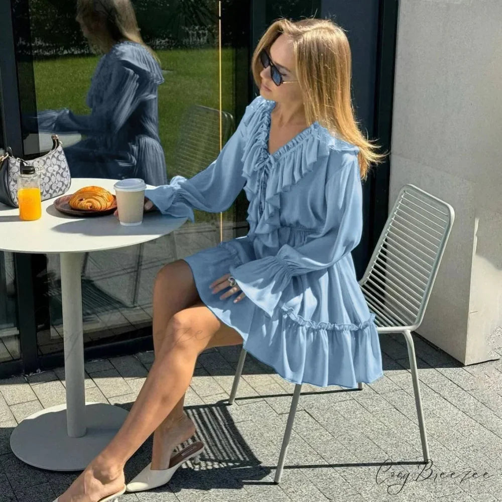 Solid White Cotton Rayon Long Sleeve Ruffle Dress bohodress-250126