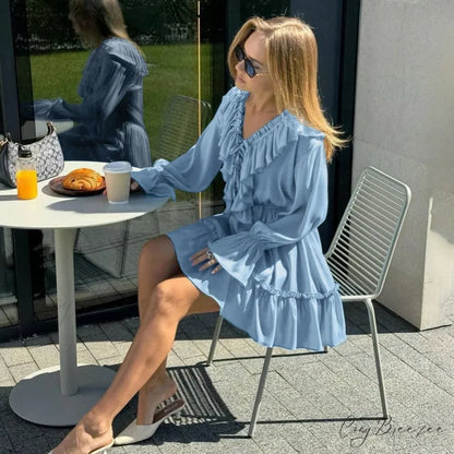 Solid White Cotton Rayon Long Sleeve Ruffle Dress bohodress-250126
