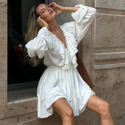 Solid White Cotton Rayon Long Sleeve Ruffle Dress WHITE / S bohodress-250126