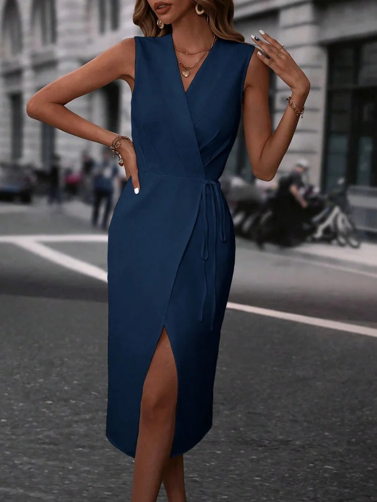Solid Wrap Knot Side Dress Navy Blue / S