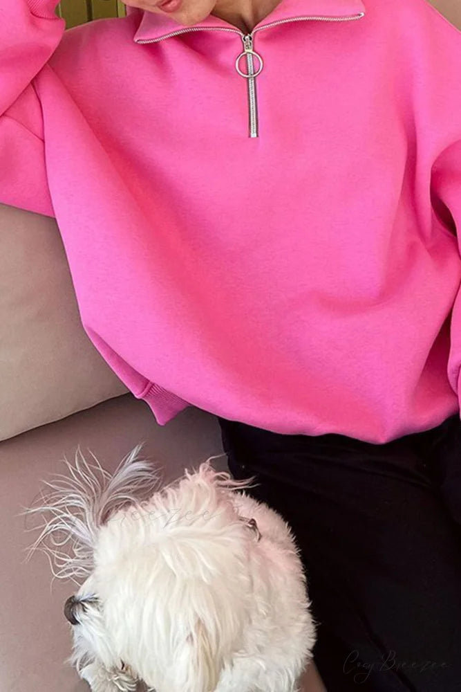 Solid Zipped Lapel Sweatshirt Pink / L