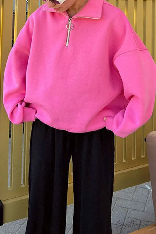 Solid Zipped Lapel Sweatshirt Pink / S