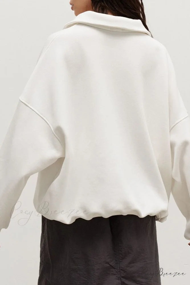 Solid Zipped Lapel Sweatshirt White / L
