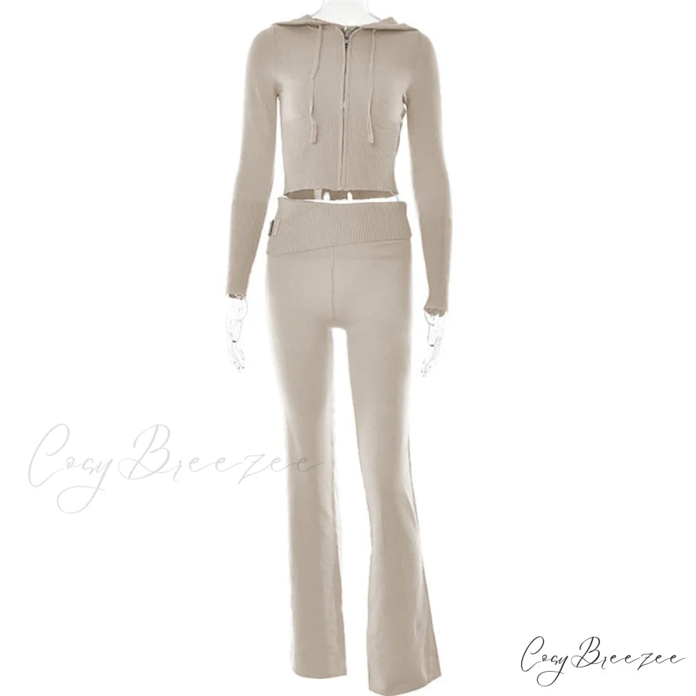 Solid Zipper Pant Hoodie Cardigan and Style Set Street Sweatshirt Women’s Lace-up 2024 - Casual Suit Apricot Pants Set