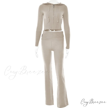 Solid Zipper Pant Hoodie Cardigan and Style Set Street Sweatshirt Women’s Lace-up 2024 - Casual Suit Apricot Pants Set
