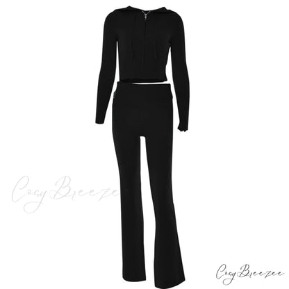 Solid Zipper Pant Hoodie Cardigan and Style Set Street Sweatshirt Women’s Lace-up 2024 - Casual Suit Black Pants Set / S
