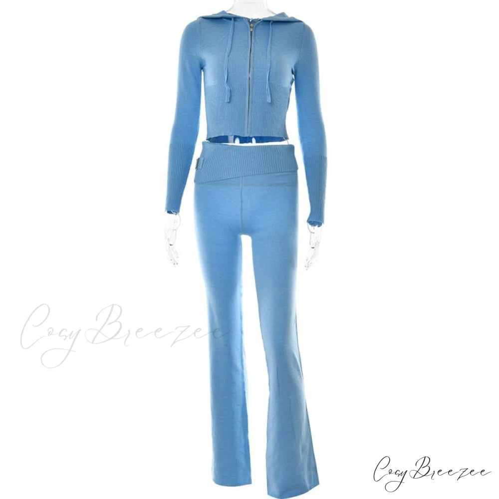 Solid Zipper Pant Hoodie Cardigan and Style Set Street Sweatshirt Women’s Lace-up 2024 - Casual Suit Blue Pants Set / S
