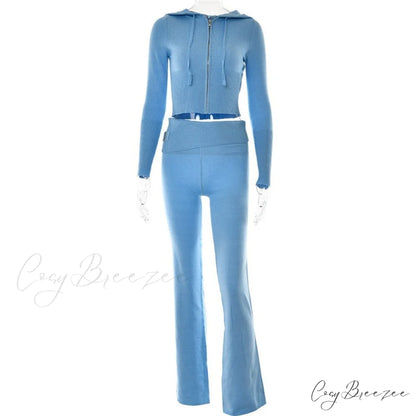 Solid Zipper Pant Hoodie Cardigan and Style Set Street Sweatshirt Women’s Lace-up 2024 - Casual Suit Blue Pants Set / S