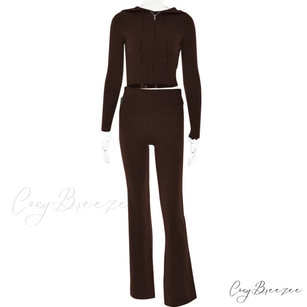 Solid Zipper Pant Hoodie Cardigan and Style Set Street Sweatshirt Women’s Lace-up 2024 - Casual Suit Coffee Pants Set