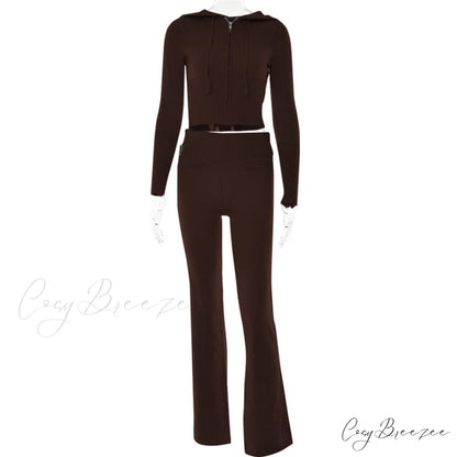 Solid Zipper Pant Hoodie Cardigan and Style Set Street Sweatshirt Women’s Lace-up 2024 - Casual Suit Coffee Pants Set