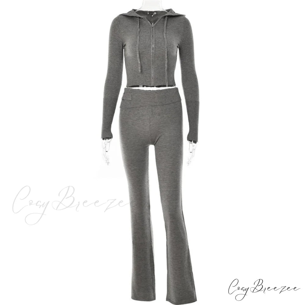 Solid Zipper Pant Hoodie Cardigan and Style Set Street Sweatshirt Women’s Lace-up 2024 - Casual Suit Gray Pants Set / S