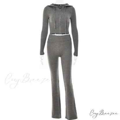 Solid Zipper Pant Hoodie Cardigan and Style Set Street Sweatshirt Women’s Lace-up 2024 - Casual Suit Gray Pants Set / S