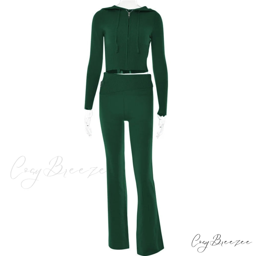 Solid Zipper Pant Hoodie Cardigan and Style Set Street Sweatshirt Women’s Lace-up 2024 - Casual Suit Green Pants Set / S