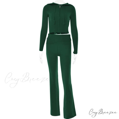 Solid Zipper Pant Hoodie Cardigan and Style Set Street Sweatshirt Women’s Lace-up 2024 - Casual Suit Green Pants Set / S