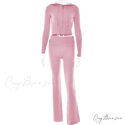 Solid Zipper Pant Hoodie Cardigan and Style Set Street Sweatshirt Women’s Lace-up 2024 - Casual Suit Pink Pants Set / S