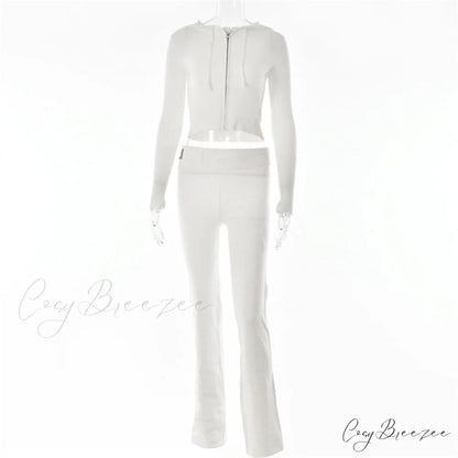Solid Zipper Pant Hoodie Cardigan and Style Set Street Sweatshirt Women’s Lace-up 2024 - Casual Suit White Pants Set / S