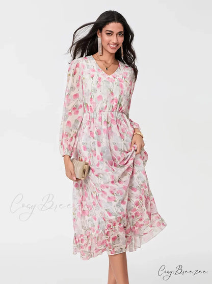 Sophisticated Floral Flowing Long Sleeve A-line Dress floraldress-250126