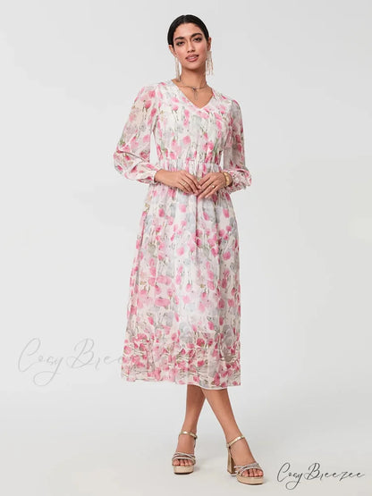 Sophisticated Floral Flowing Long Sleeve A-line Dress floraldress-250126