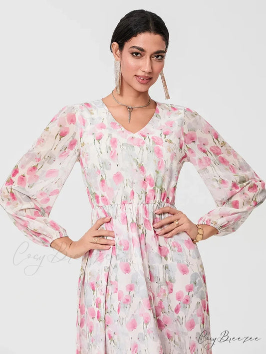Sophisticated Floral Flowing Long Sleeve A-line Dress floraldress-250126