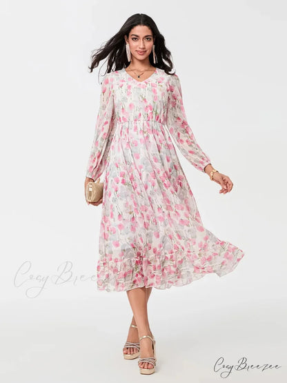 Sophisticated Floral Flowing Long Sleeve A-line Dress Pink / S floraldress-250126