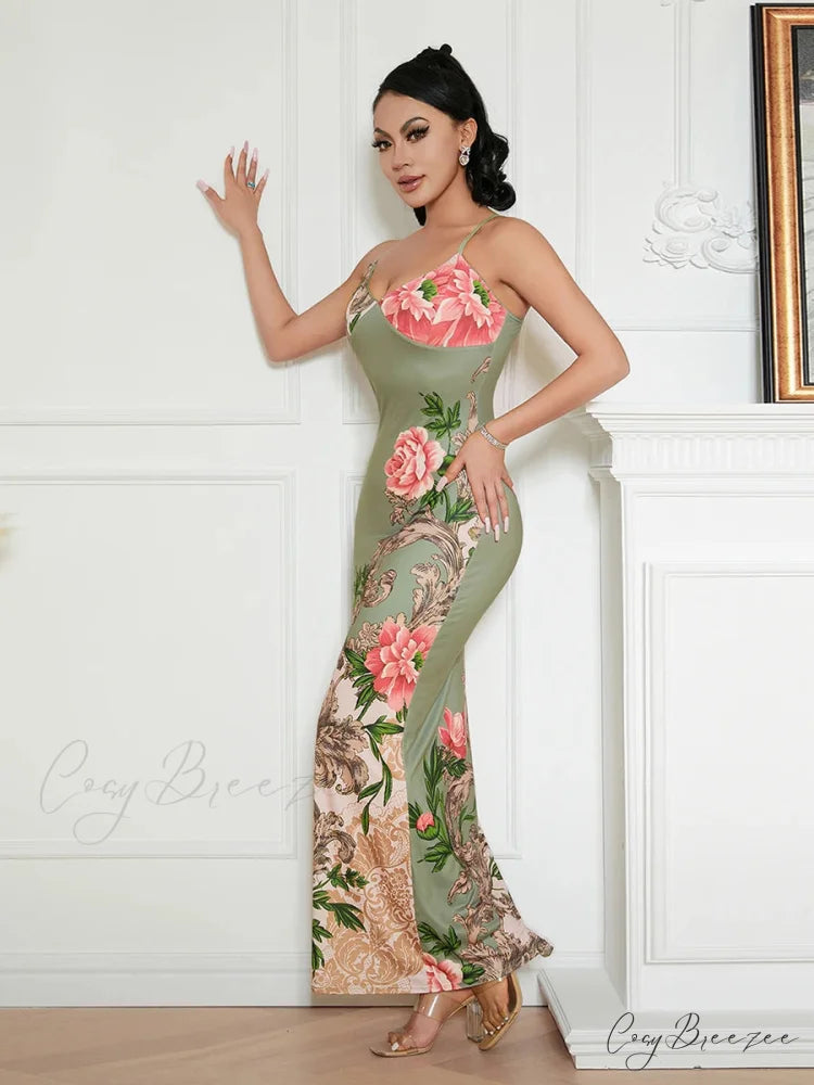 Sophisticated Floral Spaghetti Strap Backless Dress floraldress-250126