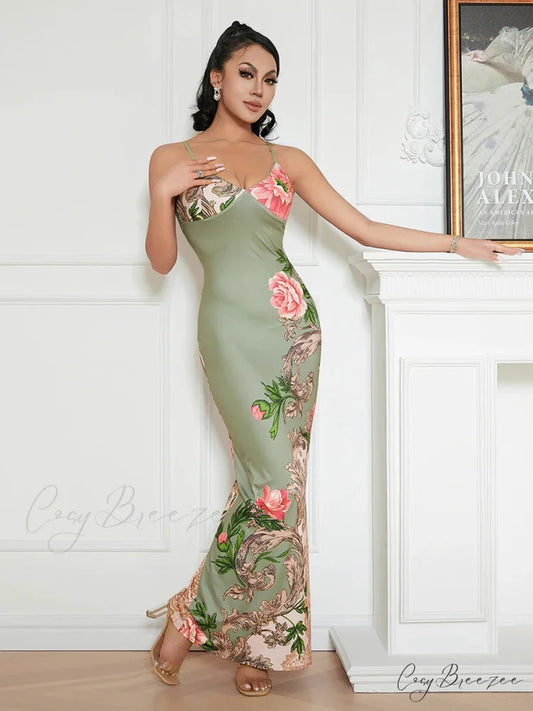 Sophisticated Floral Spaghetti Strap Backless Dress Green / S floraldress-250126