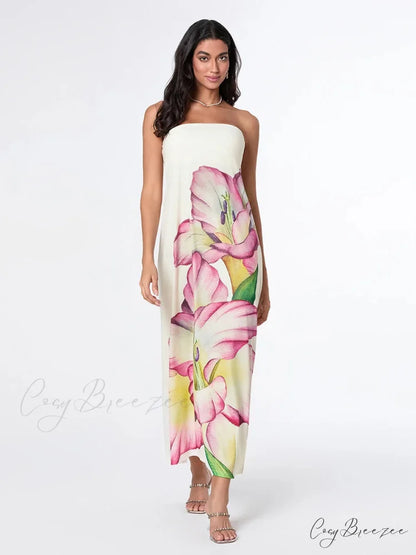 Sophisticated Floral Strapless Relaxed Dress WHITE2 / S floraldress-250126