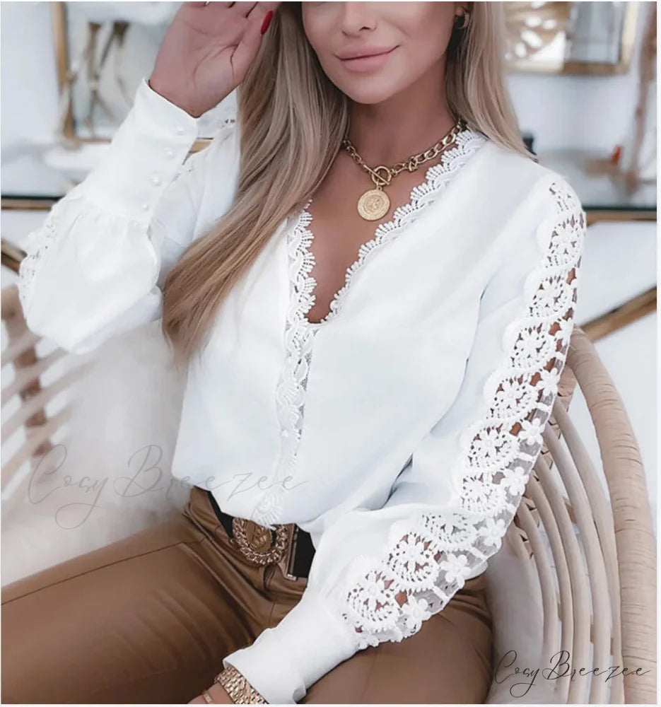 Sophisticated Lace Patchwork White Elegant Blouse blouse-250126