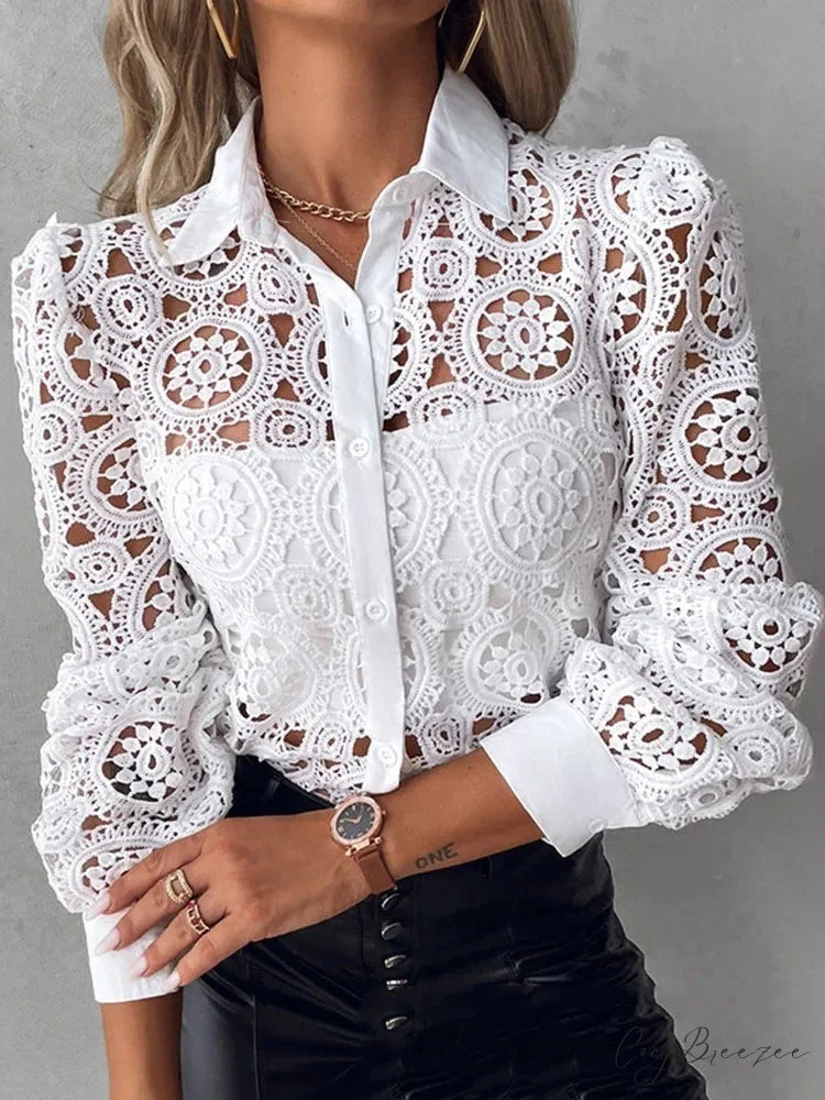 Sophisticated Lace Patchwork White Elegant Blouse blouse-250126