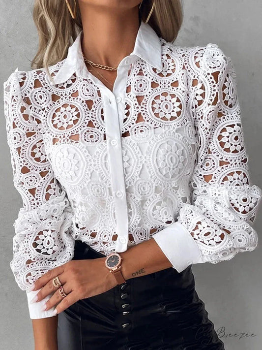 Sophisticated Lace Patchwork White Elegant Blouse blouse-250126