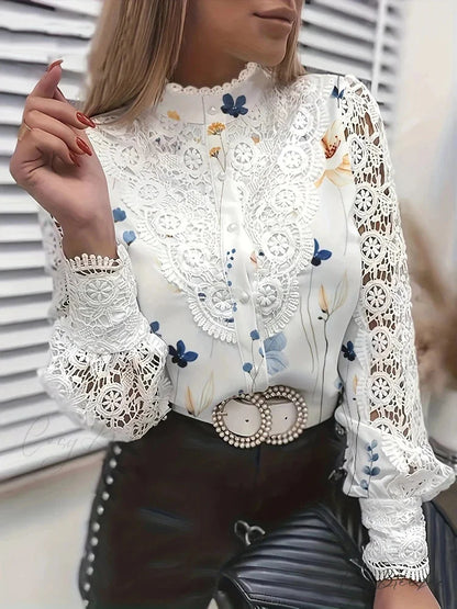 Sophisticated Lace Patchwork White Elegant Blouse blouse-250126
