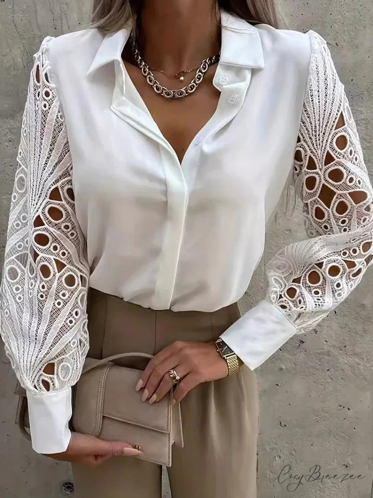 Sophisticated Lace Patchwork White Elegant Blouse blouse-250126