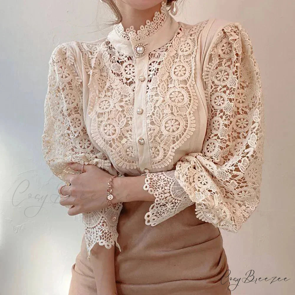 Sophisticated Lace Patchwork White Elegant Blouse Apricot / S blouse-250126
