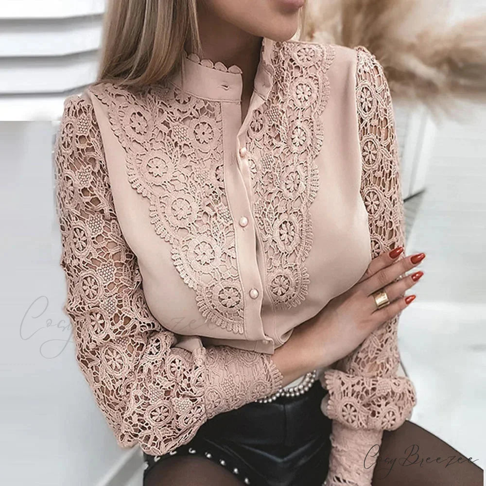 Sophisticated Lace Patchwork White Elegant Blouse Pink1 / S blouse-250126
