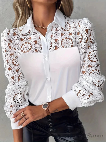 Sophisticated Lace Patchwork White Elegant Blouse White / S blouse-250126