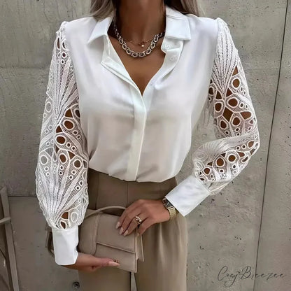 Sophisticated Lace Patchwork White Elegant Blouse White2 / S blouse-250126