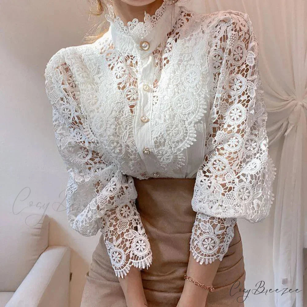 Sophisticated Lace Patchwork White Elegant Blouse White3 / S blouse-250126