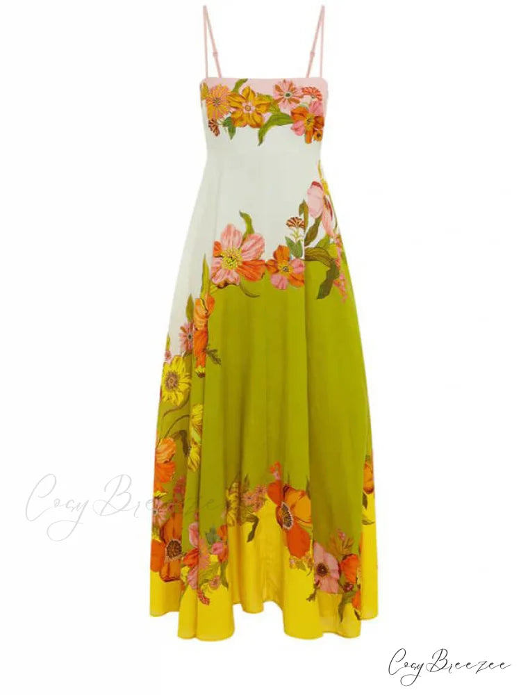 Sophisticated Modern And Unique Graceful Print Strap Midi Dress Multicolor / L