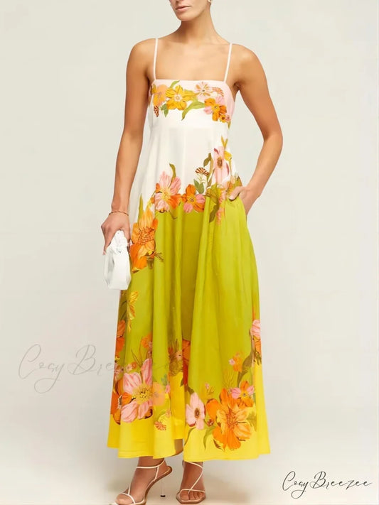 Sophisticated Modern And Unique Graceful Print Strap Midi Dress Multicolor / S