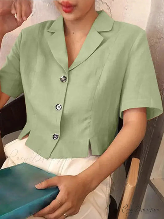 Sophisticated Office Collar Buttoned Short Sleeve Blouse Green / S blouse-250126