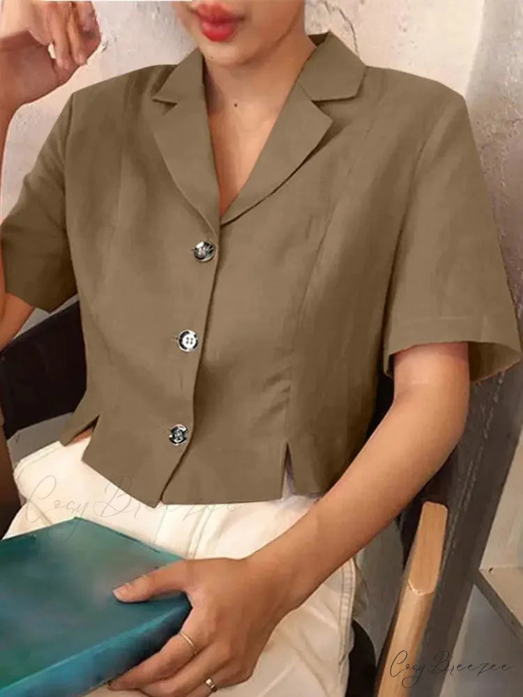 Sophisticated Office Collar Buttoned Short Sleeve Blouse Khaki / S blouse-250126