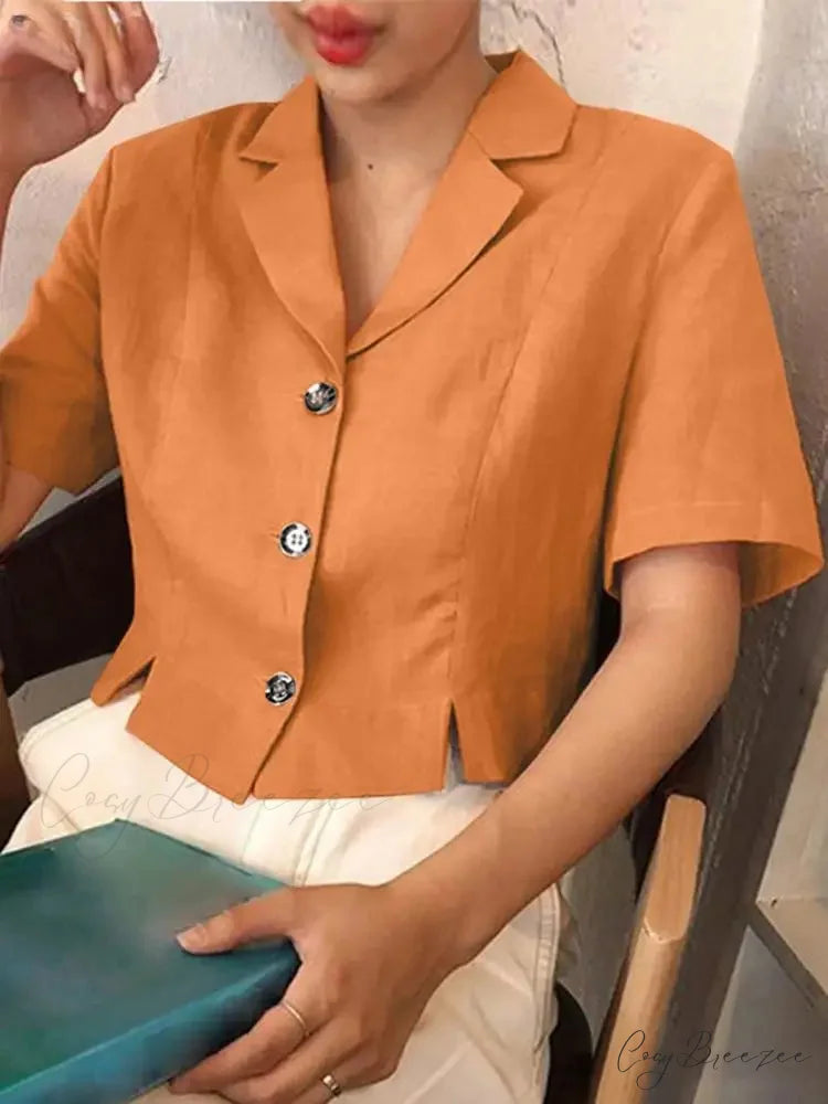 Sophisticated Office Collar Buttoned Short Sleeve Blouse Orange / S blouse-250126