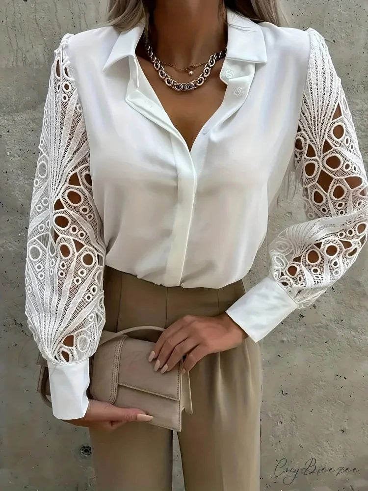 Sophisticated Plain Chiffon V-neck Elegant Blouse WHITE / S blouse-250126