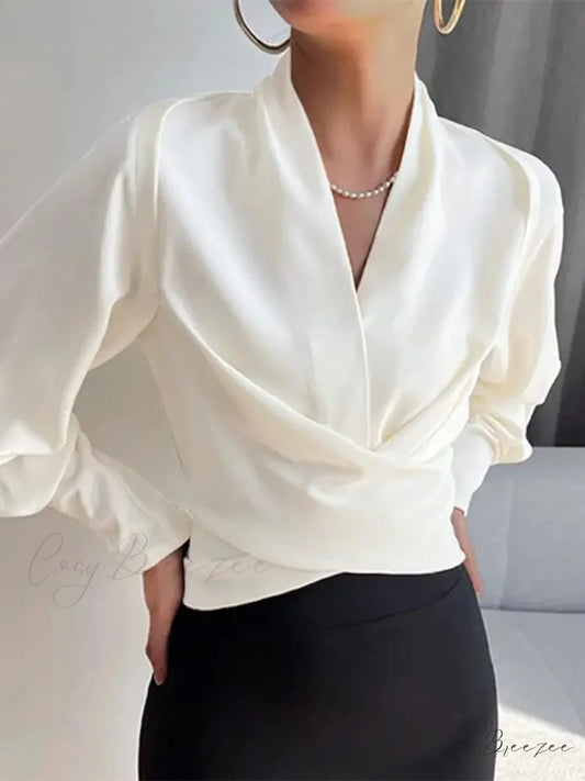 Sophisticated Puffy Sleeve V-neck Elegant Blouse blouse-250126