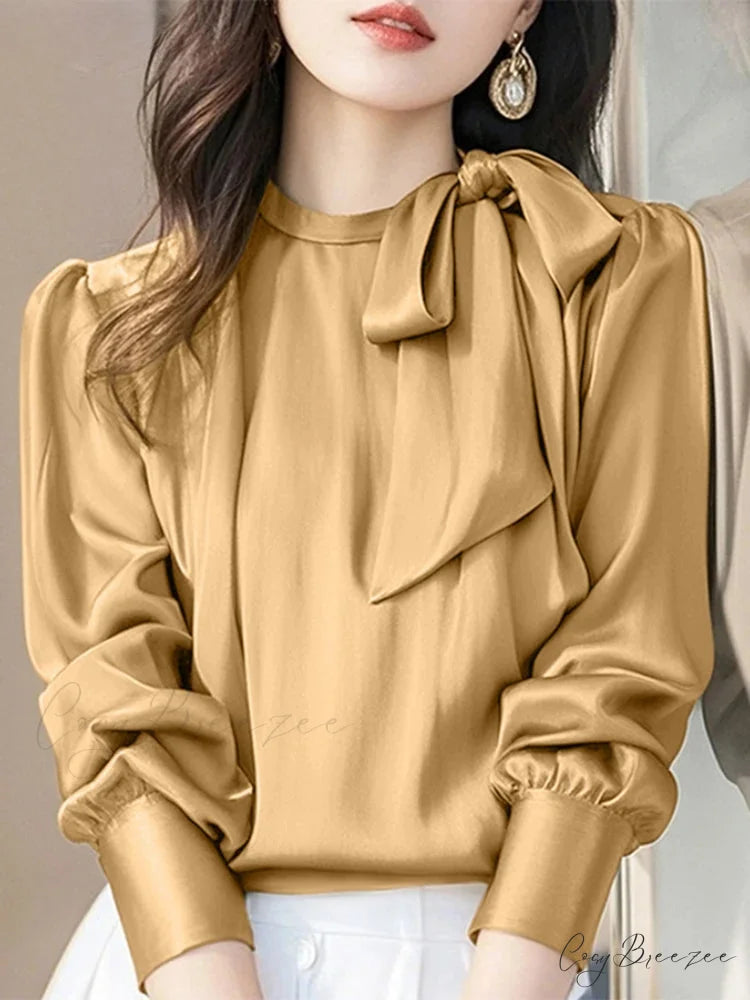 Sophisticated Satin Bowtie Collar Office Blouse Khaki / S blouse-250126